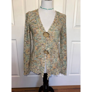 Y2K Knit Cardigan w/ Flower Buttons Vintage Boho Floral Fairy